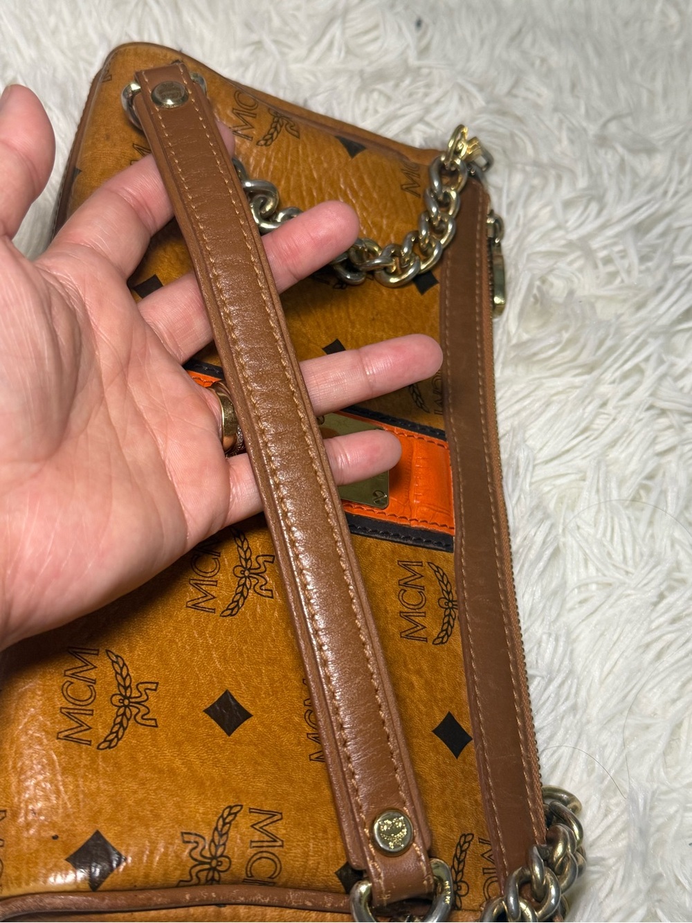 MCM Visetos Cognac Mini Chain Shoulder Bag - Picture 7 of 13